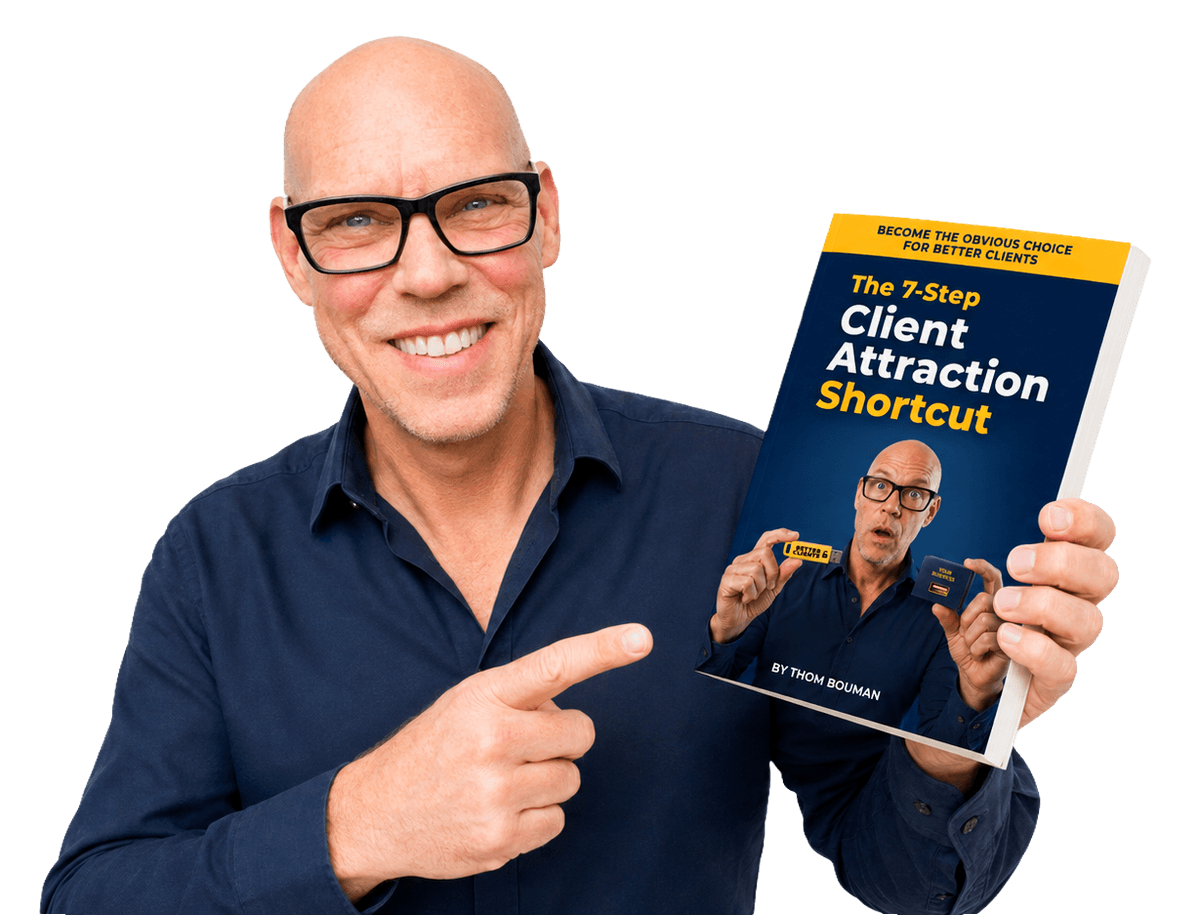 Thom Bouman pointing at his book The 7-Step Client Attraction Shortcut